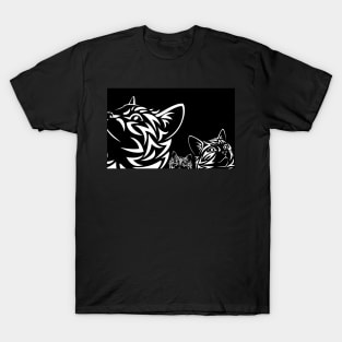 3 Cats on the Prowl in Black and White - Reverse Silhouette Ground View T-Shirt